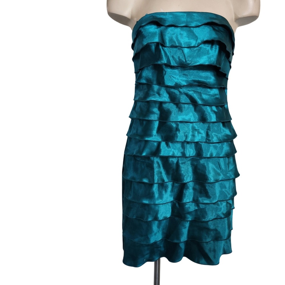 BCX Teal Satin Tiered Ruffle Strapless Cocktail Dress Size‎ 7 Teal Blue Green